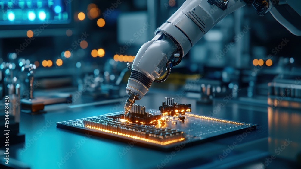 Poster high-tech electronic microchip assembly process in a modern laboratory with automated equipment and 