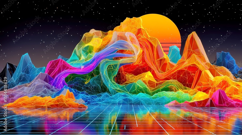 Poster neon glitch waves, vibrant ribbons of color undulate across a grid horizon, creating a stunning disp