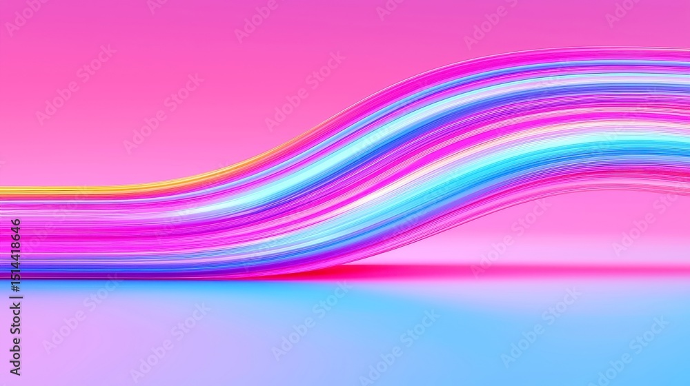 Poster neon glitch ribbons, vibrant colors intertwining in a chaotic dance over a grid horizon, creating a 