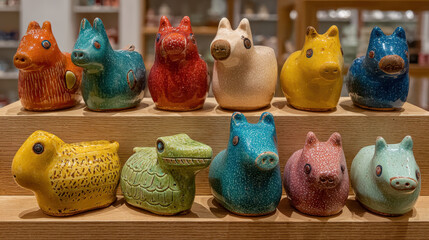 Colorful Handmade Ceramic Animal Figurines Set Featu Cats Dogs and Pigs with Bright Glazed Finishes for Home Decor and Gift Ideas