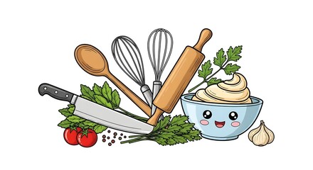 Illustration of kitchen utensils with tomatoes, garlic, and a bowl of cream food