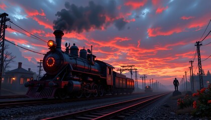 Fototapeta premium a steampunk scene of frequency, positioned left, ,no text, no logo, sunset gradient background