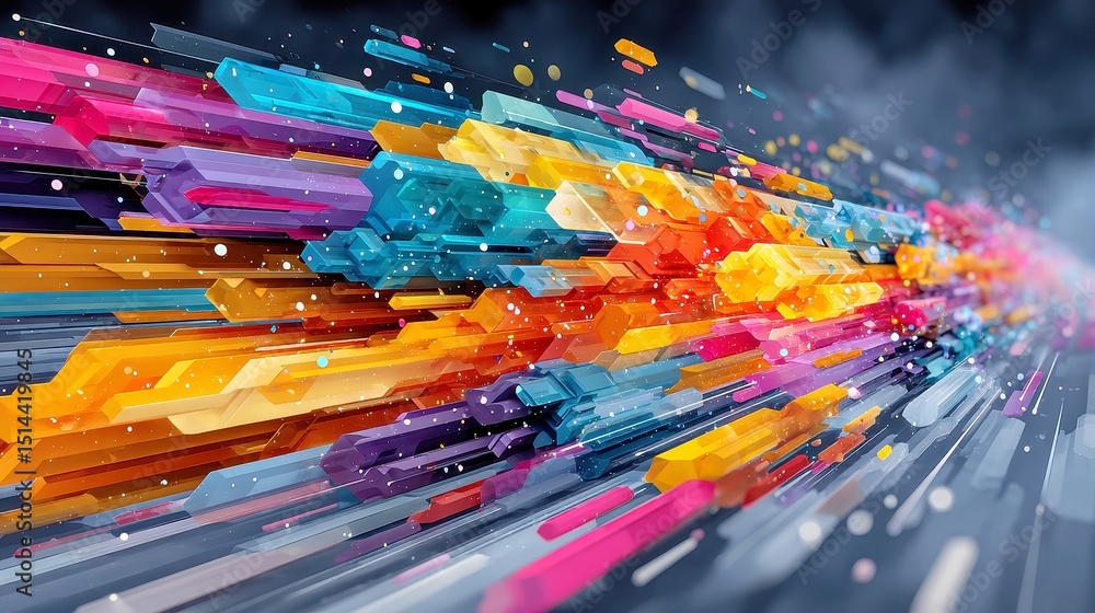 Poster glowing data stream with geometric prisms, vibrant digital art depicting a luminous data flow transf