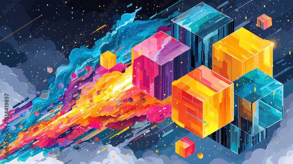 Poster glowing data stream in geometric prisms, vibrant digital artwork showcasing a luminous flow of data 