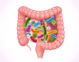 Intestine with bacteria and pills