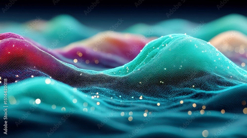 Poster vivid binary stream, a mesmerizing flow of vibrant cyan and magenta particles glitching rhythmically