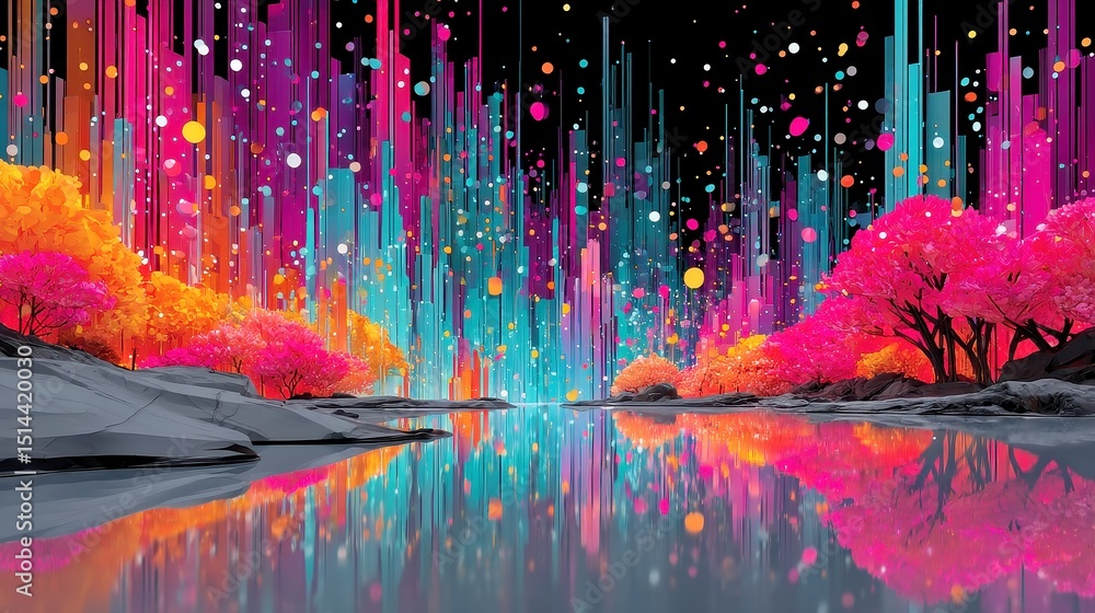Poster vivid glitch stream, a dynamic display of binary particles in striking cyan and magenta, pulsating r