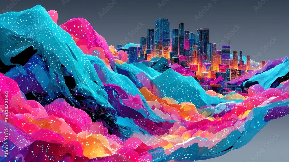 Poster vivid binary stream, a surreal display of vibrant cyan and magenta particles flowing rhythmically ac