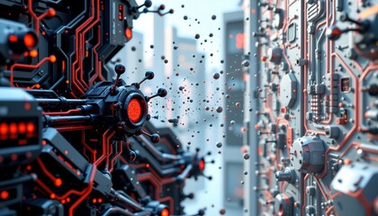 a synthwave scene of nanotechnology, positioned left, ,no text, no logo, isolated white background