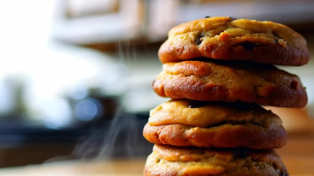 A stack of chocolate chip cookies on blue and white checkered cloth, then on a wooden table.