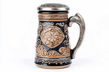 A single vintage ceramic jug and mug with a handle sit isolated on a white background