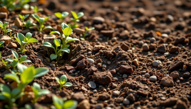 a cinematic scene of soil degradation, positioned left, ,no text, no logo, bronze background