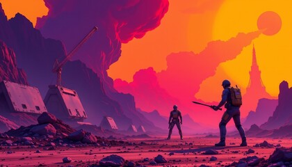 a sci fi scene of labor exploitation, positioned right, ,no text, no logo, isolated yellow background