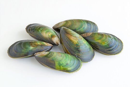 Fresh green mussels arranged on a white background.