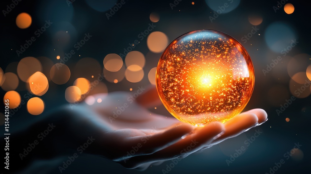 Poster business data unity concept. A hand holds a glowing orb surrounded by colorful bokeh lights.