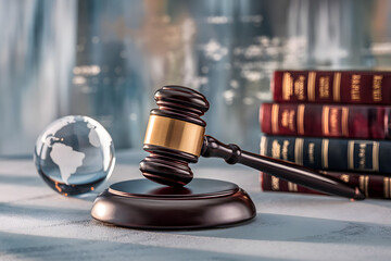 A close up view of a wooden gavel resting on a stand, alongside a glass world globe and a stack of law books.