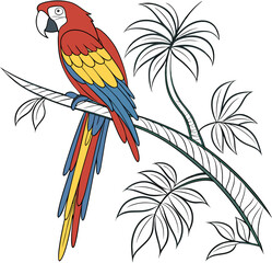 Illustration of a Brightly Colored Macaw Among Sketches of Other Birds on a Tree Branch