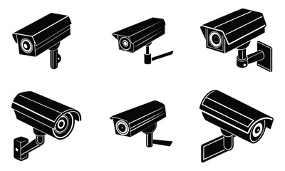 Security Camera Set in Silhouette Style on White Background for Surveillance and Protection