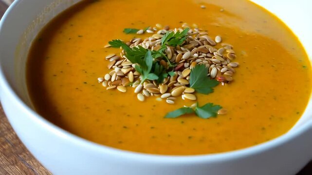 Bowl of pumpkin and nut soup with a spoon.