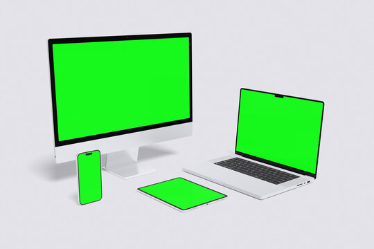 Multi device green screen with grey background color for mockup template