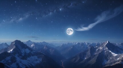 Obraz premium Majestic Full Moon Over Snowy Mountain Peaks A Nighttime Landscape Panorama