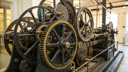 Obraz premium shows an industrial machine with large gears and cogs, likely part of a historical mechanical setup, possibly in a museum or exhibit. The machine has a complex arrangement of gears in various sizes an