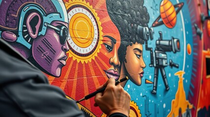 Artist adding to mural of diverse faces, sun, and planets with fine brush