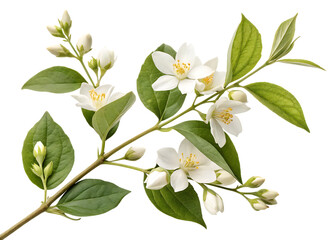 Obraz premium Fresh Jasmine Flower Branch with White Blooms and Green Leaves