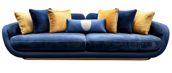 Elegant Blue Sofa Featuring Gold and Yellow Pillows Against a Transparent Background
