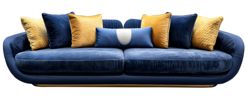 Elegant Blue Sofa Featuring Gold and Yellow Pillows Against a Transparent Background