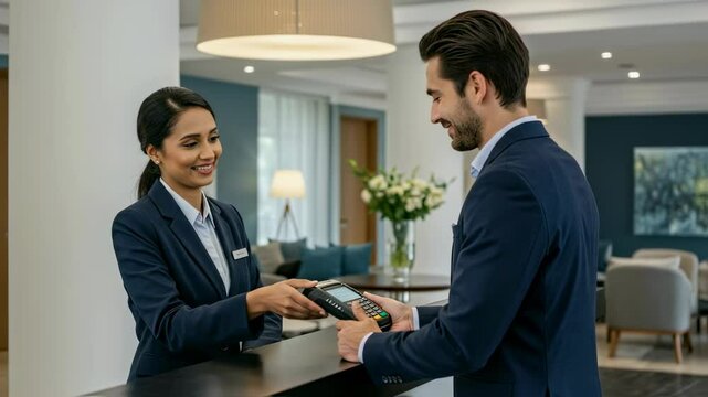 Customer making contactless payment at hotel reception. Man using payment terminal at hotel front desk. Hotel check in service with payment systems video. Hospitality and hotel business application.