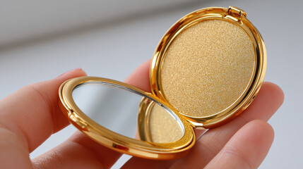 close up of a gold compact mirror with a reflective glass surface held in hand against a neutral background perfect for beauty fashion accessories makeup collection and personal grooming themes