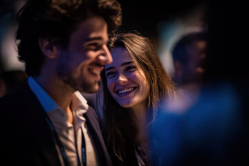 A group of business professionals engaged in lively conversation, smiling and networking at a business event, relaxed and joyful atmosphere of collaboration and social interaction.