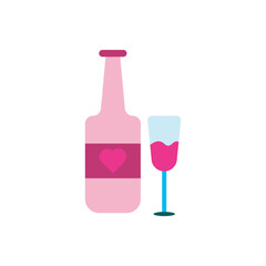 pink wine bottle and glass with heart, representing romantic dinners, celebrations, or Valentine’s toasts.