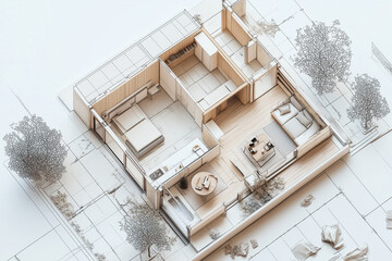 3D rendering of a modern home interior featuring a stylish bedroom shelf with wooden furniture and contemporary architectural design