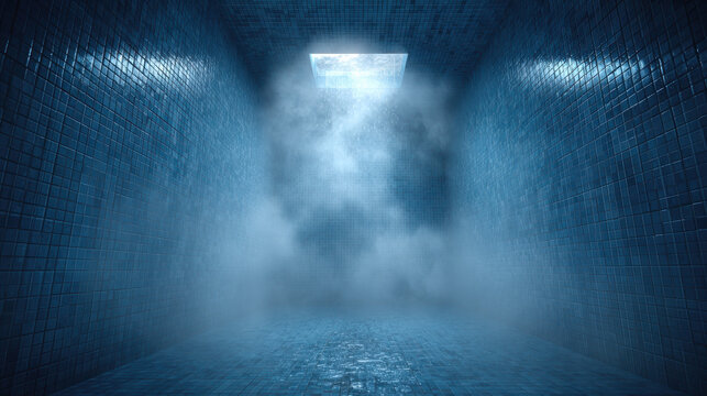 Long exposure shot of an empty misty indoor swimming pool corridor illuminated by overhead light with steam and reflections creating a mysterious atmosphere