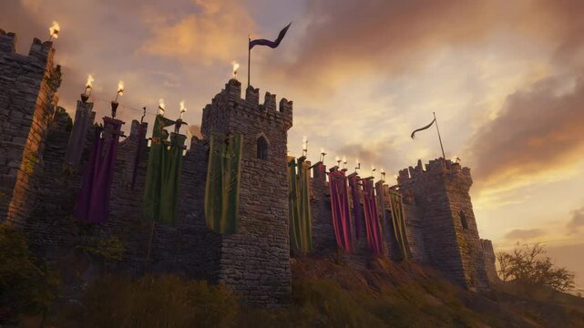 A mighty dragon soars above a fortress with flickering flames and waving banners &mdash; legendary medieval animation in 4K.
