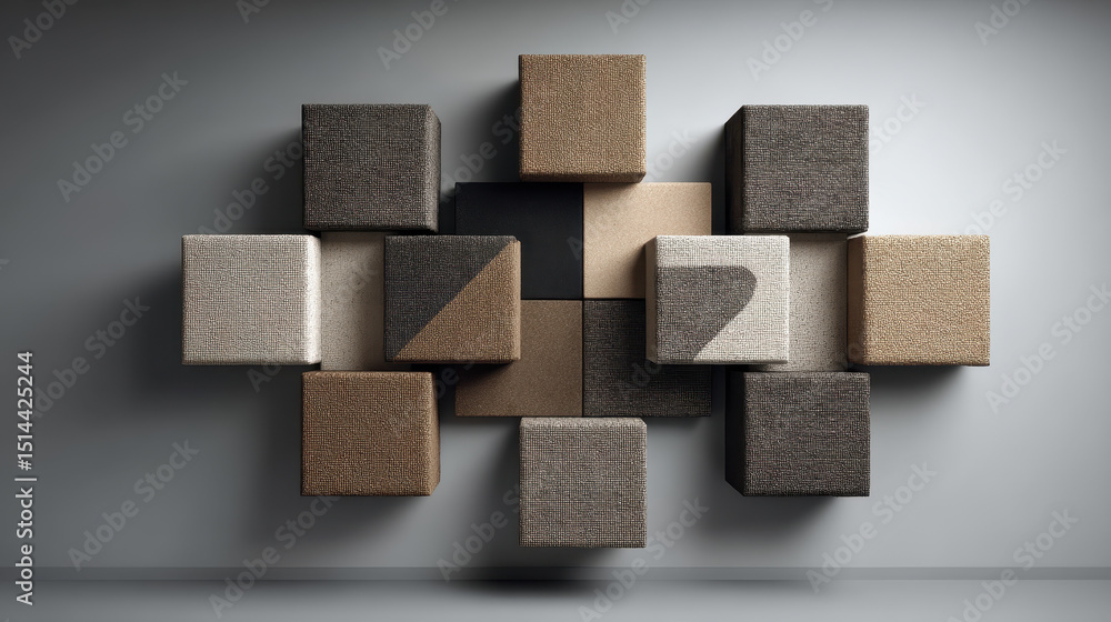 Poster abstract arrangement of 13 textured geometric cubes in neutral tones with shadow effects on a light 