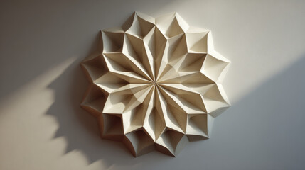Intricate geometric wooden wall art piece with a starburst pattern and detailed craftsmanship creating a decorative home or office interior accent