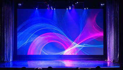 A vibrant stage illuminated by colorful lights, featuring an eye-catching abstract design that enhances the atmosphere for a dynamic performance.