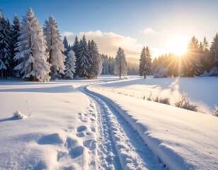 Snowy winter landscape with sunlit path