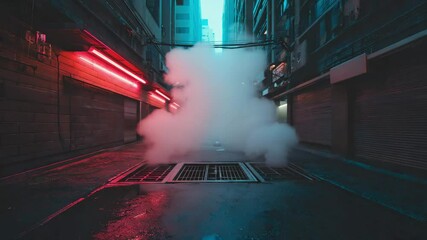 Empty city alleyway illuminated by flickering neon signs, with steam rising from vents — cyber-urban loop in 4K. - Powered by Adobe