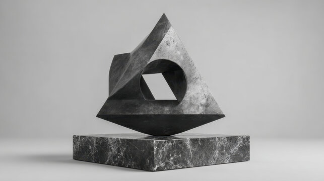 Abstract geometric sculpture consisting of a large triangular base a suspended spherical shape and a angular element on top in a modern minimal style