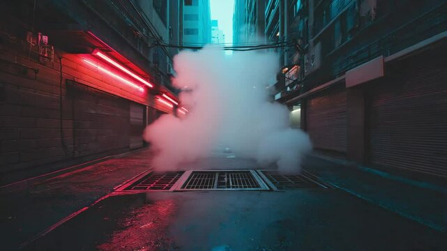 Empty city alleyway illuminated by flickering neon signs, with steam rising from vents &mdash; cyber-urban loop in 4K.