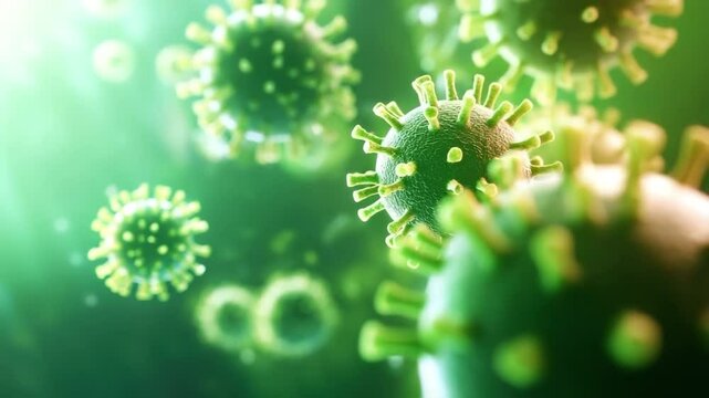 Virus particle close up with green background, microscopic view of infectious pathogen, detailed 3D rendering of viral structure, medical concept of disease and infection, showing detailed surface