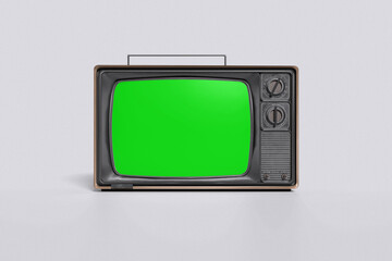 Green screen vintage television with grey background color for mockup template