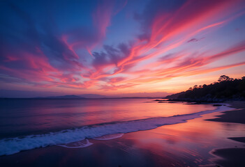 Obraz premium Scenic view of a vibrant sunset over the ocean, with colorful sky reflections shimmering on the calm water surface. Peaceful and serene coastal moment.