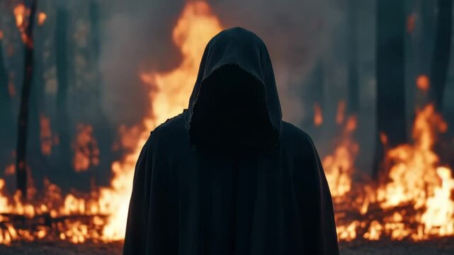 Mysterious dark figure in hooded cloak stands before burning forest fire with flames, smoke, and silhouette creating intense danger and eerie atmosphere of fire and burning forest
