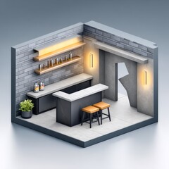 Isometric 3D Render of Modern Home Bar Interior