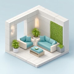 Isometric 3D Interior with Greenery and Modern Furniture